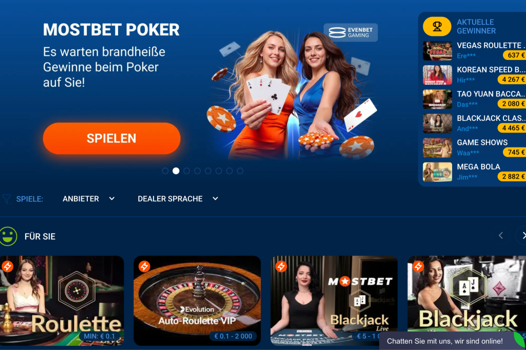 Roulette, Poker und Blackjack im Live-Casino von Mostbet 